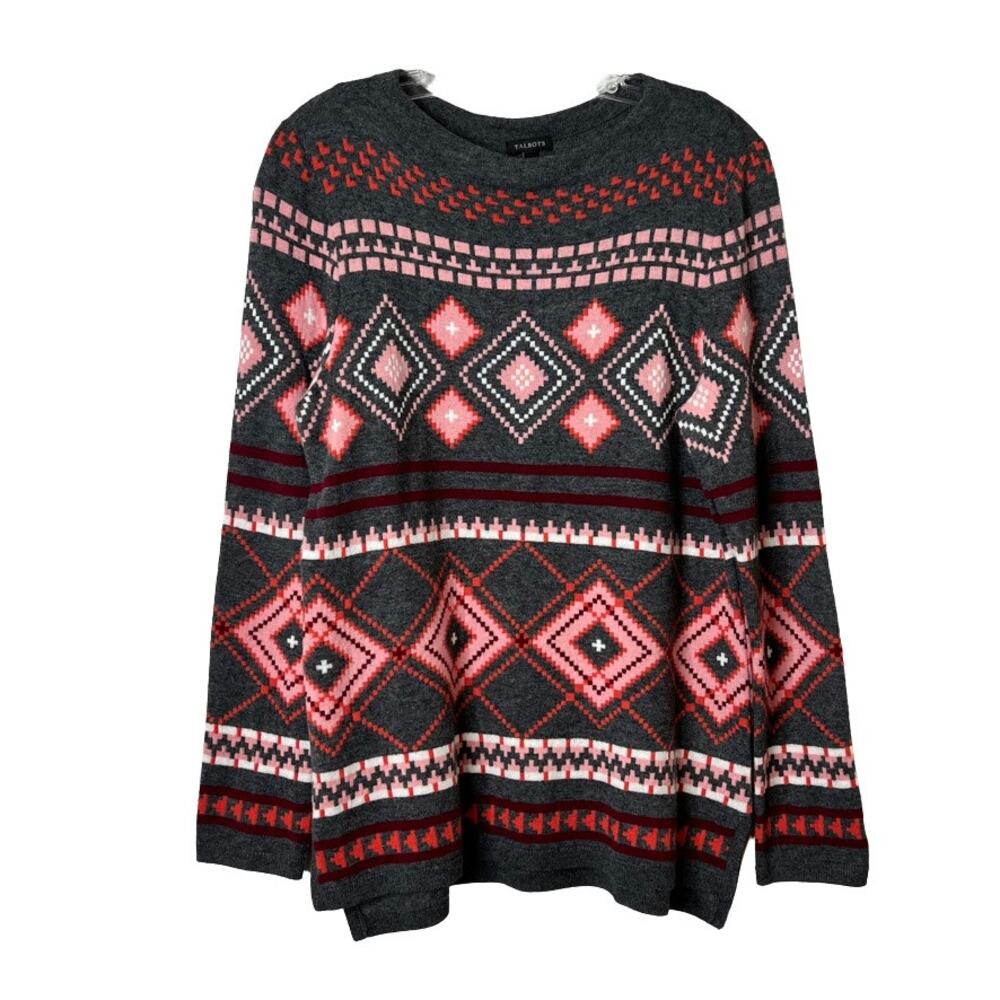 Talbots Geometric Argyle Diamond Lambswool Sweater Gray Pink Medium